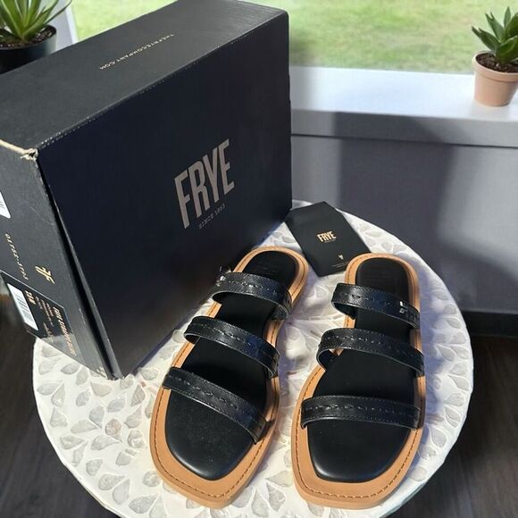 Frye Faye Leather Strappy Slide Sandals Black Flat Women’s Size 6.5 NIB - Picture 4 of 13